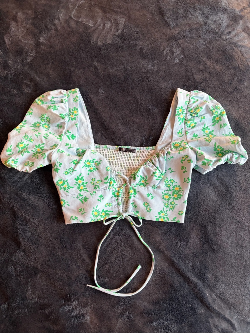Zara White Crop Top with Green Floral Pattern and Puff Sleeves